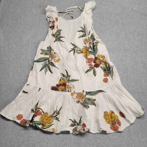 Free People cream linen floral ruffle mini dress tunic M